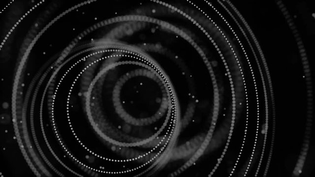 Abstract signal or radar waves in slow motion with 3D effect, seamless loop. Animation. Rings of different diameter formed by small particles flowing on black background, monochrome.