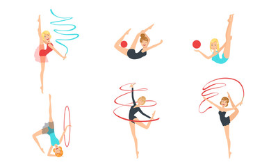 Colection of Gymnast Girls Performing Rhythmic Gymnastics Elements with Balls and Ribbons Vector Illustration