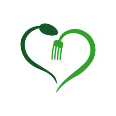 vegan vegetarian logo vector icon with spoon fork and leaf graphic design element
