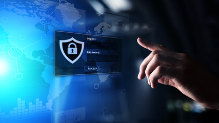 Access window with login and password on virtual screen. Cyber security and personal data protection concept.