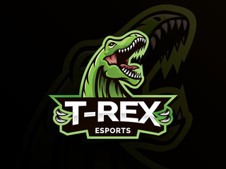 Dinosaur sport mascot logo design illustration. T-Rex Head mascot sports logo. T Rex Head mascot sports emblem illustration with hand. Tyrannosaur logo and mascot for eSport team. Sports logo template