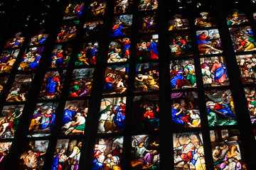Stained glass windows or vitrage in catholic cathedral