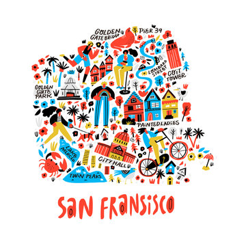 San Francisco Comic Map Flat Hand Drawn Vector Illustration