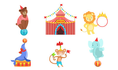 Circus Performers Characters Set, Marquee, Circus Animals, Lion, Bear, Monkey, Elephant Vector Illustration