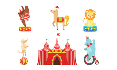 Circus Performers Characters Set, Marquee, Circus Animals, Lion, Bear, Horse, Poodle Dog, Elephant Vector Illustration © topvectors