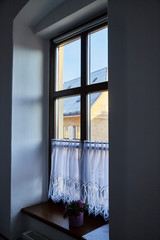 Transparent white curtain on window. Curtain background