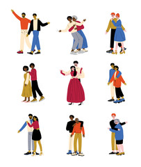 Fototapeta na wymiar Parents and Adult Children Set, Mother and Father Hugging Their Sons and Daughters, Happy Family Concept Vector Illustration