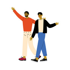 Father and His Adult Son, Dad Hugging His Son while They Walking, Happy Family Concept Vector Illustration