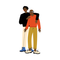 Old Father with Adult Son, Young Man Hugging His Dad, Happy African American Family Concept Vector Illustration
