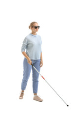 Young blind woman on white background