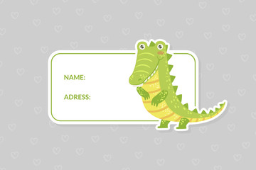 Card Templates with Cute Crocodile Animal, Name and Address, Tag, Sticker for Child Clothes and Personal Things Vector Illustration