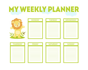 My Weekly Planner Template, Cute Calendar, Diary, Organizer or Schedule with Place for Notes Vector Illustration