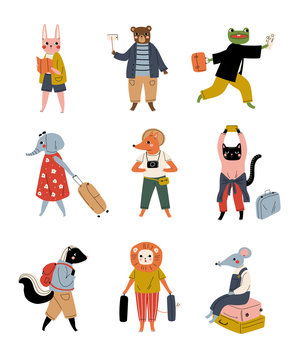 Collection of Cute Animals Tourists with Suitcases, Funny Humanized Animals Cartoon Characters with Luggage Going on Vacation Vector Illustration