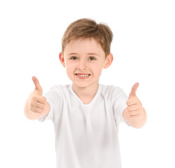 Little boy in stylish t-shirt showing thumb-up on white background