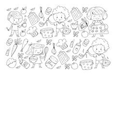 Healthy food and cooking. Fruits, vegetables, household. Doodle vector set.