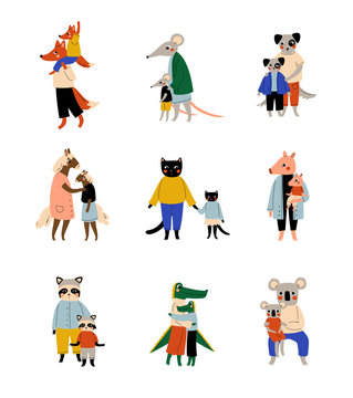 Animals and Their Kids Set, Loving Parents with Adorable Children Humanized Characters Vector Illustration