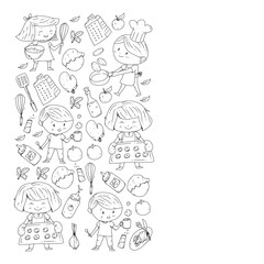 Healthy food and cooking. Fruits, vegetables, household. Doodle vector set.