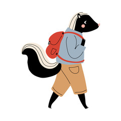 Skunk Walking with Backpack, Funny Humanized Animal Cartoon Character Travelling on Vacation Vector Illustration