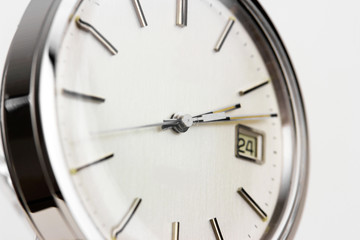 classic antique silver watch swiss made used worn wristwatch isolated elegant noble retro classic luxurious front view close up Macro rare pocketwatch with black leather bracelet band strap modern lux