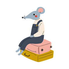 Cute Mouse Tourist Sitting on Suitcase, Funny Humanized Animal Cartoon Character with Luggage Going on Vacation Vector Illustration