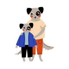 Father Dog and his Puppy Kid Standing Together, Loving Parent Animal and Adorable Child Humanized Characters Vector Illustration