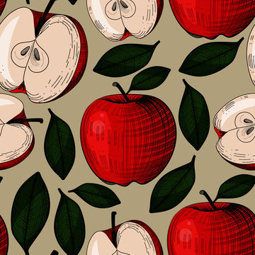 Seamless pattern with apple in engraving vintage style.  Can be used for label, banner, fabric, tablecloth, gift wrap or other
