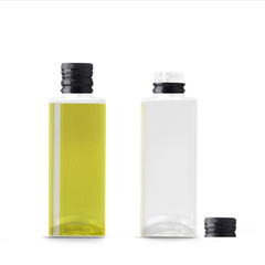 Olive oil glass bottles, empty and full, on white background 3d illustration