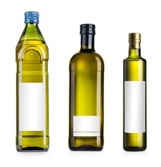 Olive or sunflower oil glass bottles set, on white background 3d illustration