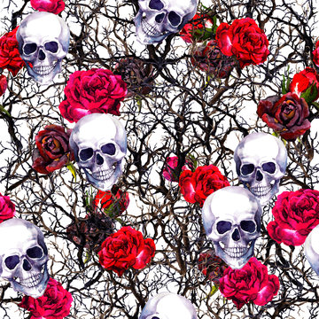 Skulls, rose flowers, branches. Seamless pattern. Watercolor for Dia de los Muertos