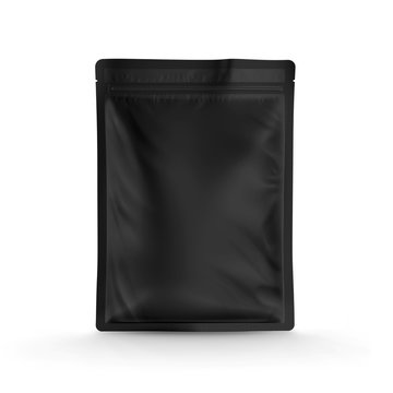 Black foil food pack stand up pouch bag packaging with zipper mock up, 3d illustration