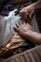 Cigar rolling or making by torcedor in cuba