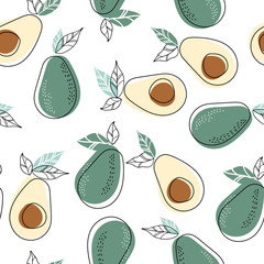 Naadloos avocadopatroon, avocadoplakken, bladeren op witte achtergrond. Print, textuur, gezond eten