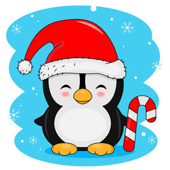Christmas card. Smiling penguin with santa hat and candy