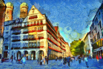 Medieval buildings illuminated by sunlight in Munich, Germany. Van Gogh style imitation oil painting