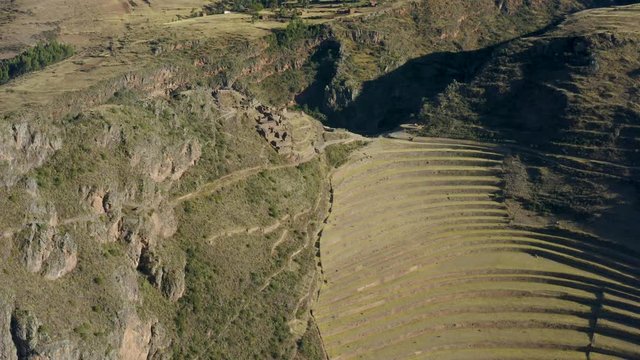Aerial landscape around ancient inca ruins. Inca Pisac controlled a route which connected the Inca Empire with the border of the rain forest