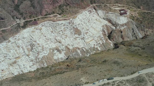 Aerial landscape of salt mine terraces in Peru. Salinas or Salineras de Maras, Sacred Valley of the Incas.