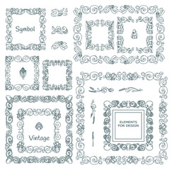 Vector set of calligraphic elements for design. Square, rectangle, section, module, template for logo, monogram, frames, boxes, vignette. Ornate elements consisting of branches, leaves, flowers, ivy