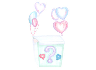 green box with surprise and balloons