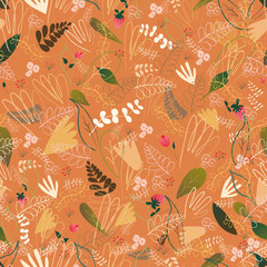 Seamless pattern of leaves, flowers, branches berries witn outline elemnts in warm autumn coloures on pastel background, For wrapping paper, wallpaper, fabric pattern, backdrop, print, gift wrap