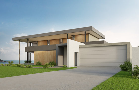 Luxury beach house with sea view swimming pool and big garage in modern design. Empty green grass lawn at vacation home. 3d illustration of contemporary holiday villa exterior.