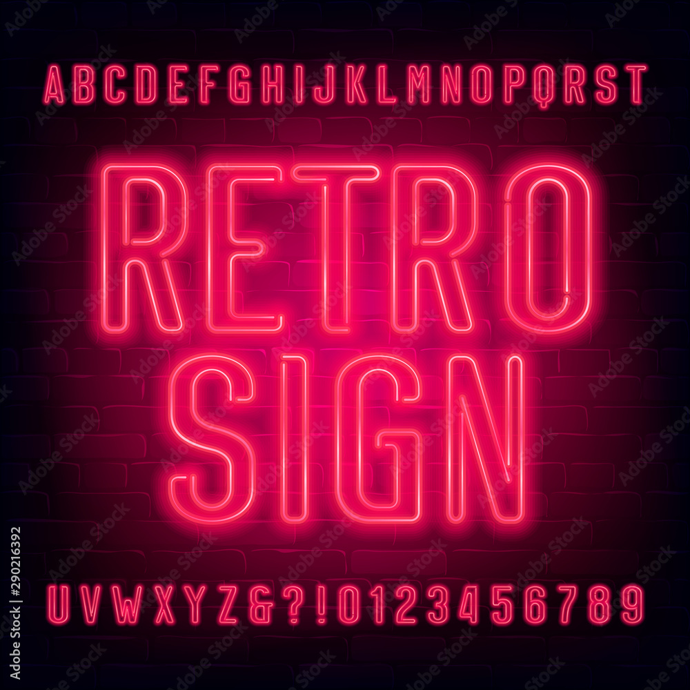 Fototapete retro sign alphabet font. red neon light letters and numbers on brick wall background. stock vector 