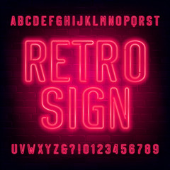 Retro Sign alphabet font. Red neon light letters and numbers on brick wall background. Stock vector typescript for your typography design.