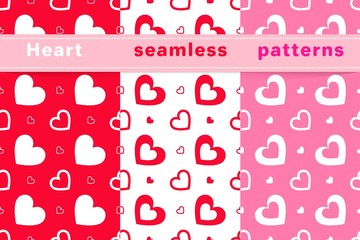 Set of seamless patterns background. Endless texture with hearts in red, pink and white. Vector illustration in design style. For invitations, scrapbooking, cards, posters, for holiday design  Romanti