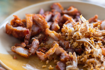 Close up and selective focus of Fried crispy streaky pork and fried garlic in white plate.
