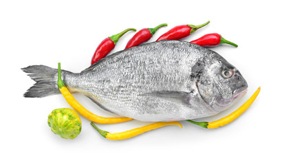 Fresh dorado fish with chili pepper on white background