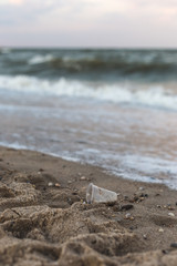 A small plastic cup on the seashore.