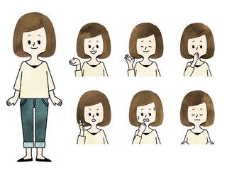 女性-表情セット-水彩