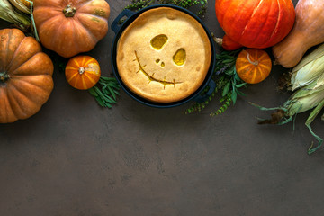 Halloween party home baked pumpkin pie background