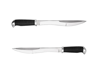 Hunting knife with wooden handle. Isolated on white back.