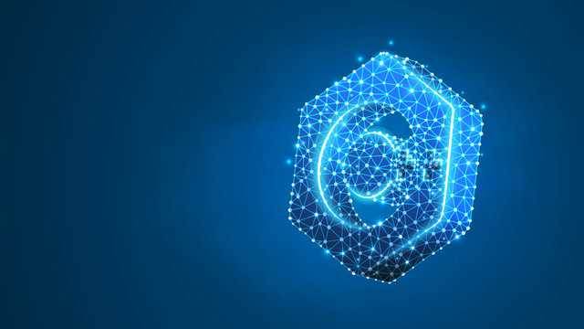 C plus coding language sign. Device, programming, developing concept. Abstract, digital, wireframe, low poly mesh, vector blue neon 3d illustration. Line, dot, star